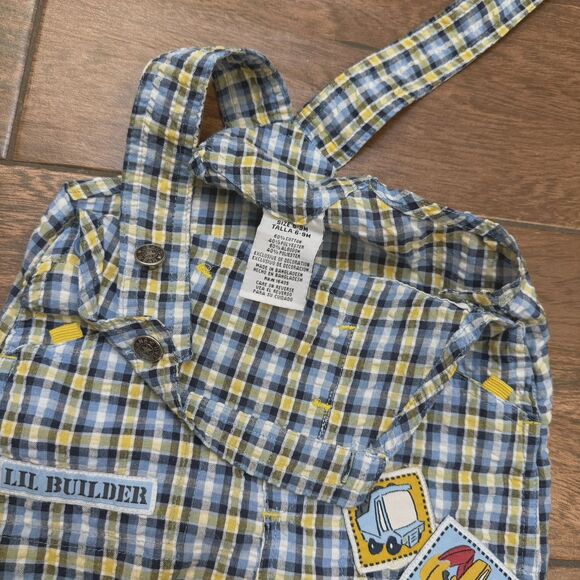 *Vintage Baby Boy Overalls 6-9M Blue Yellow Plaid Lil Builder Construction Theme - Picture 8 of 9